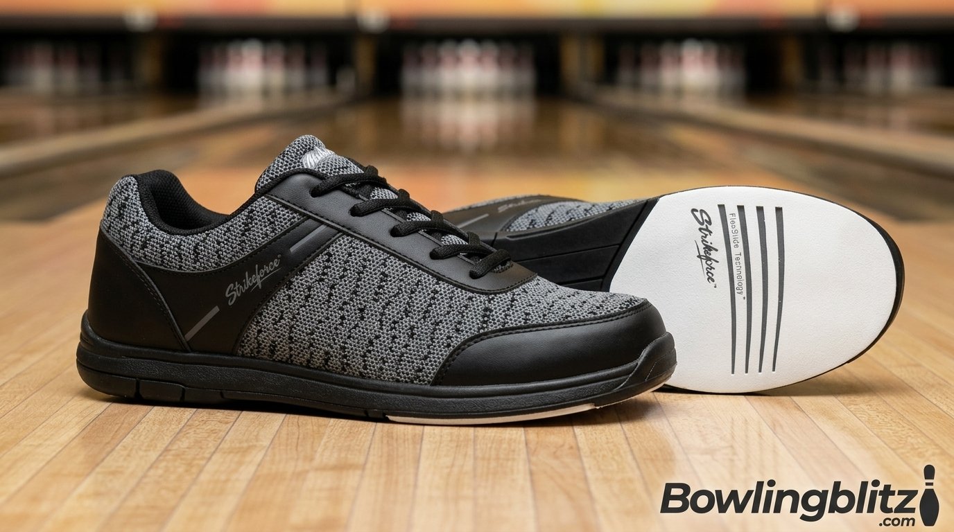 A pair of mesh bowling shoes with a smooth sliding sole, shown from the side