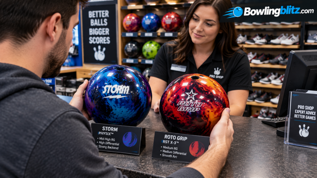 Bowler comparing two bowling balls at a pro shop counter