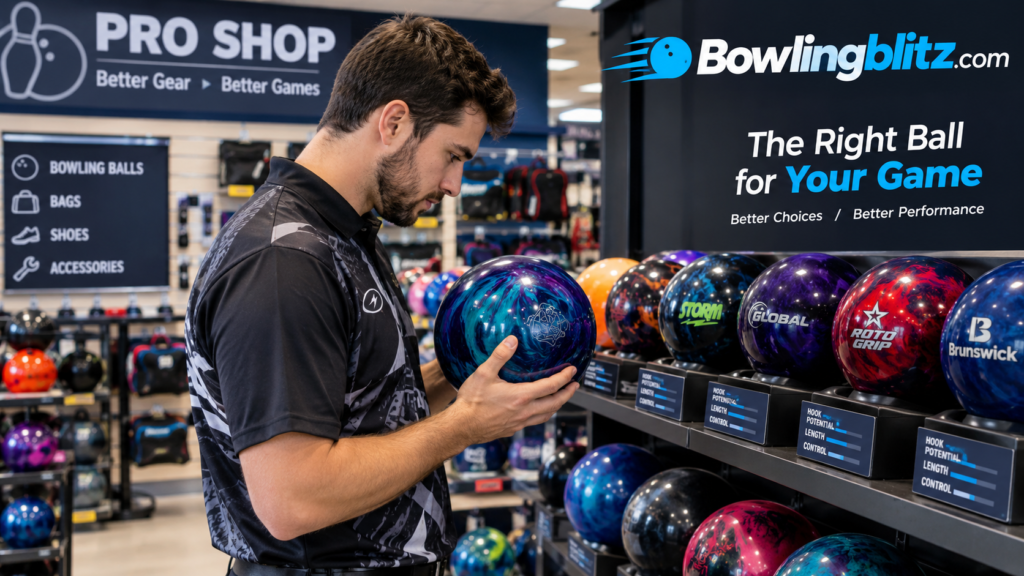 Bowler examining a bowling ball in a pro shop while choosing the right ball