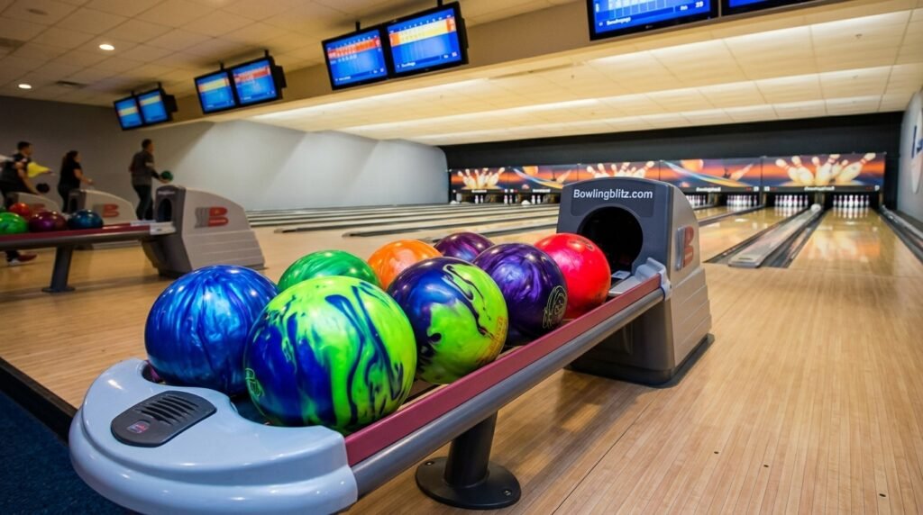 Colorful bowling balls on a ball return rack at a bowling alley