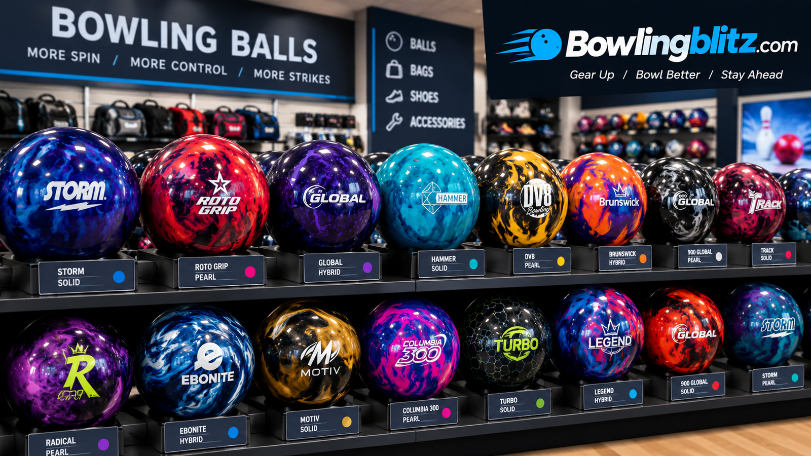Row of bowling balls in different colors and finishes on a pro shop display rack