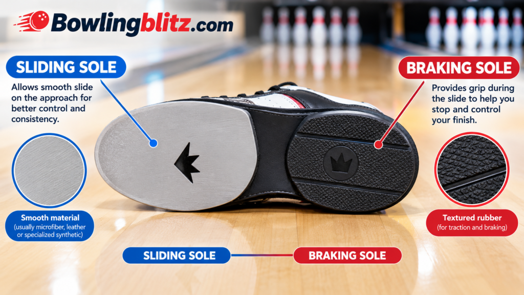 Diagram-style view of a bowling shoe sliding sole and braking sole