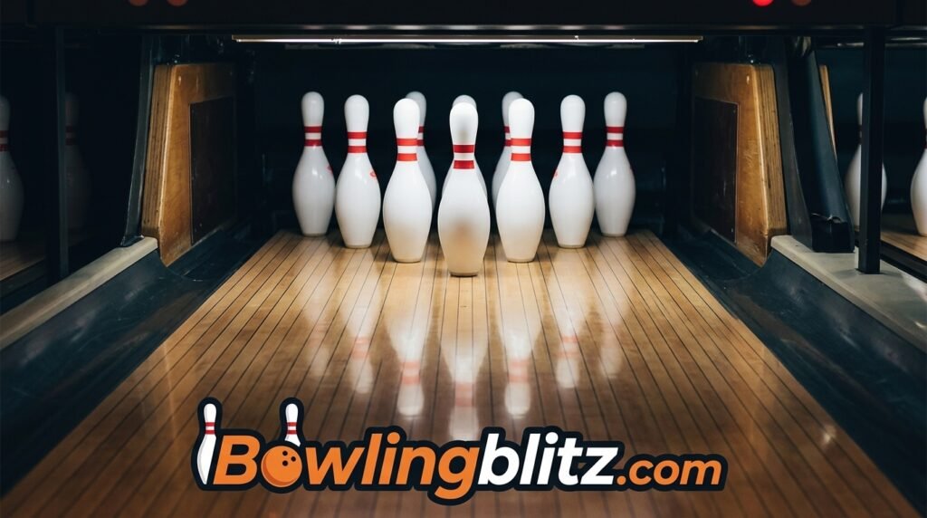 Ten bowling pins standing in the triangle setup on a polished lane